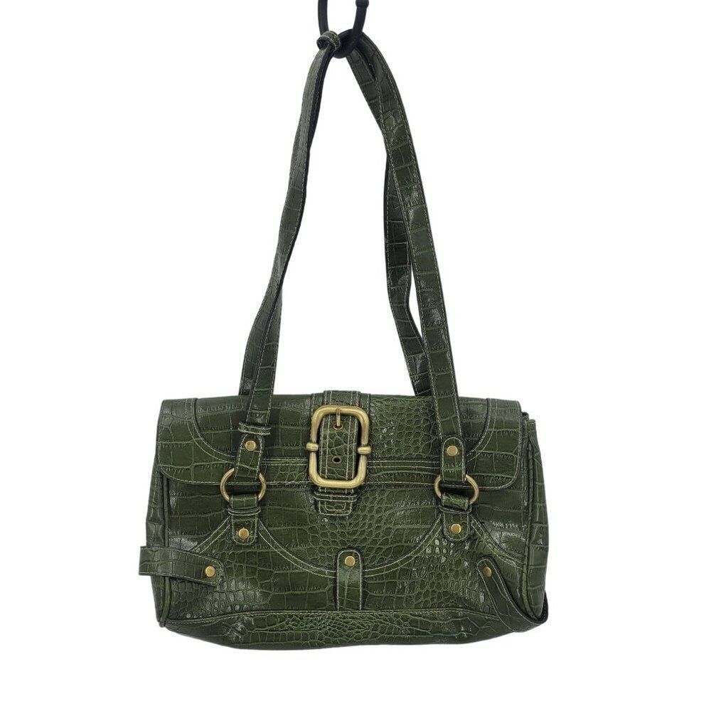 Vintage Green Vegan Faux Croc‎ Shoulder Bag Satchel Gold Buckle Multiple Pockets